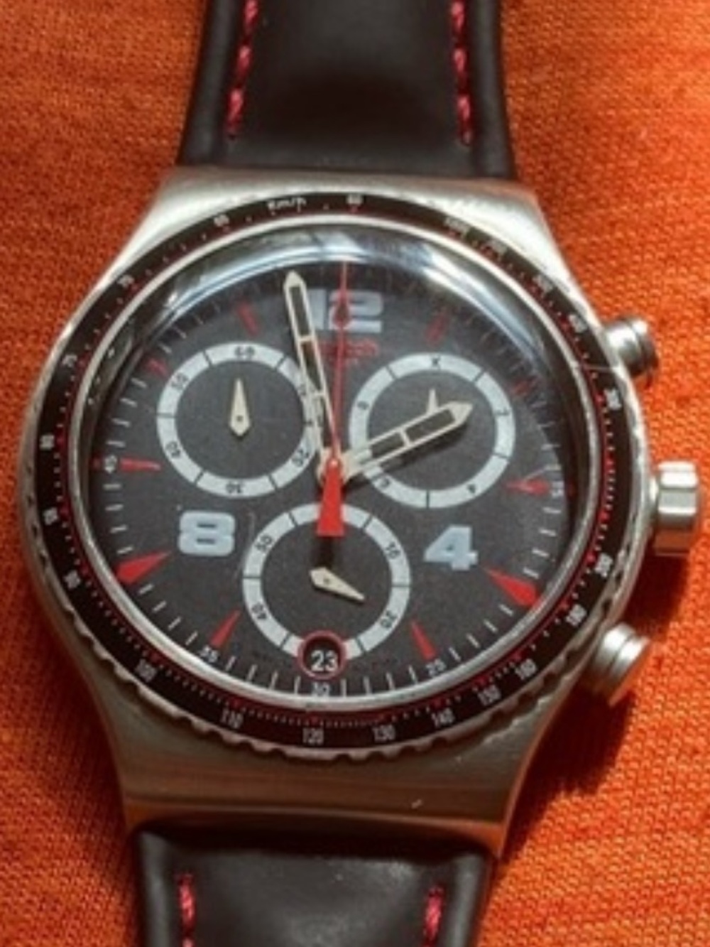 Swatch Men's Black and Red Chronograph Watch